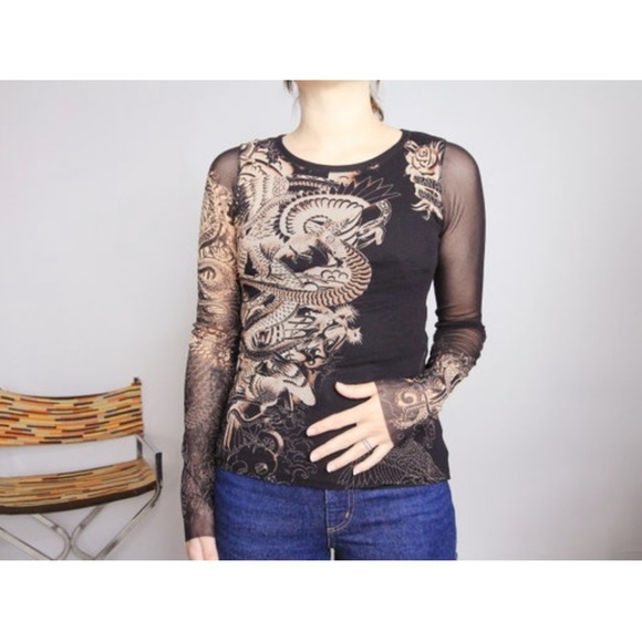 Jean Paul Gaultier Tops - Jean Paul Gaultier Black Mesh Dragon Motif Top